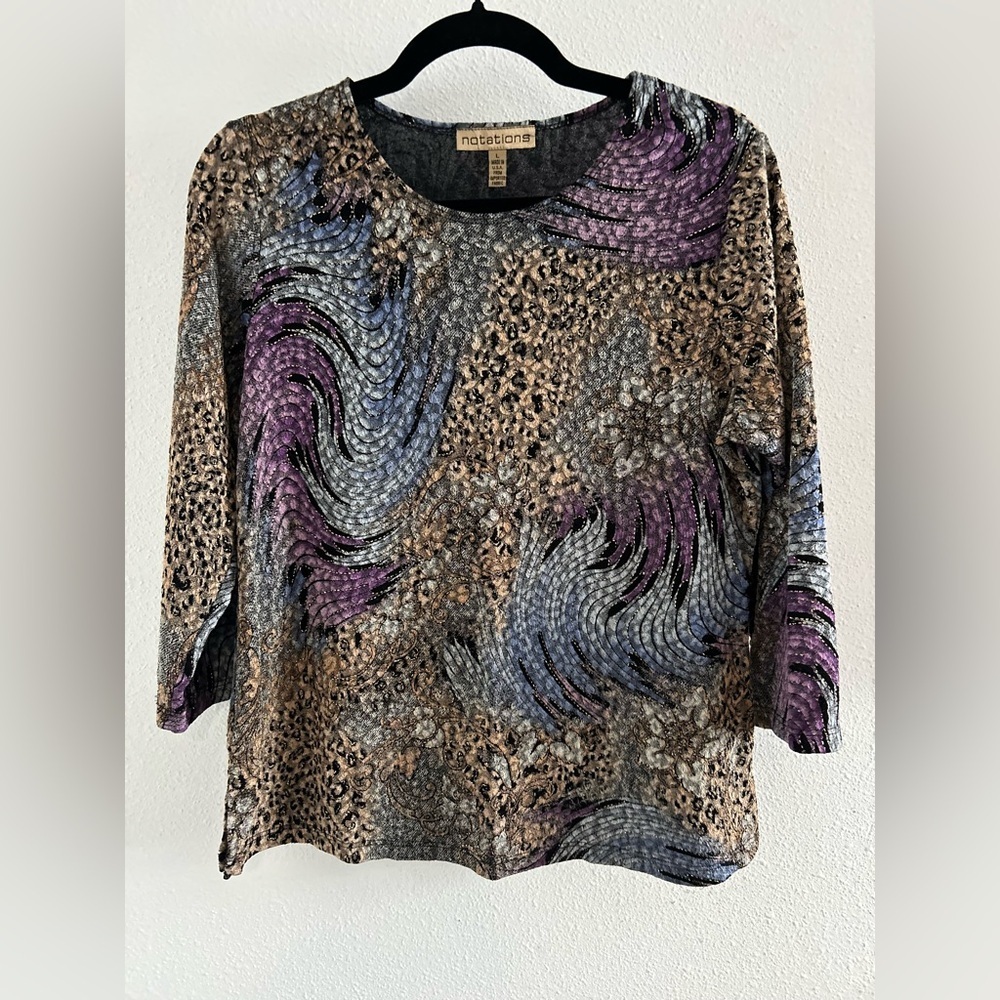 Notations Multicolor Swirl Gold Threads Animal Print Top Size Large